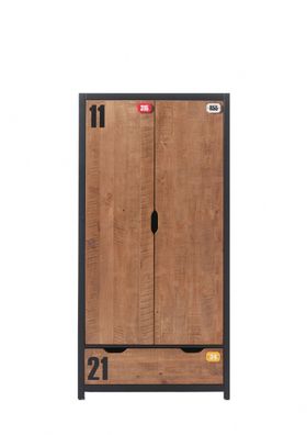 Kleiderschrank Kameko 100x55x200 2-türig MDF+Massivholz Schwarz/Cognac