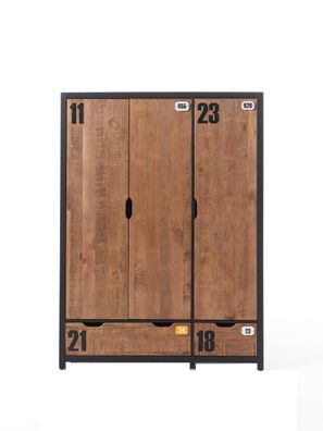 Kleiderschrank Kameko 148x55x200 3-türig MDF+Massivholz Schwarz/Cognac