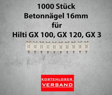 16 mm Betonnägel 1000 Stück passend für Hilti GX 100, GX 120, GX 3 Gasnagler