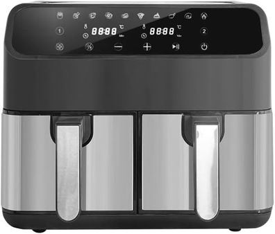 Huining Air Fryer Doppelpfanne 4 + 4 L (8L) Grau-schwarz mit visuellen Abteilungen