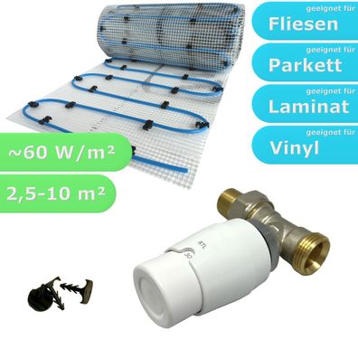 Fußbodenheizung Komplett Set Wasser Einrohr Dünnbett Matte 8mm RTL Ventil 1/2"DG