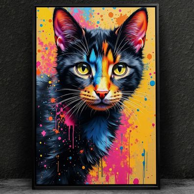 Katze in Farben Kunst, Tier Animal Wandbild Leinwand, Acrylglas, Poster Bild Deko