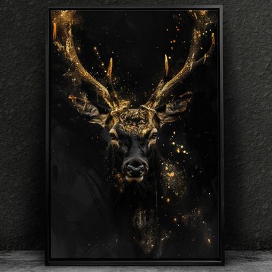 Kunst Tier Wandbild, Modernes Bild mit Gold Hirsch in Acrylglas, Leinwand, Poster