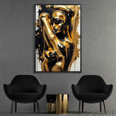Abstrakte Kunst mit Frau in Gold, Wandbild Acrylglas, Leinwand oder Poster Nr1