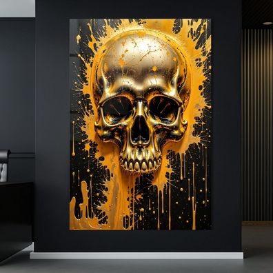 Abstrakte Kunst mit Schädel in Gold, Wandbild Acrylglas, Leinwand oder Poster
