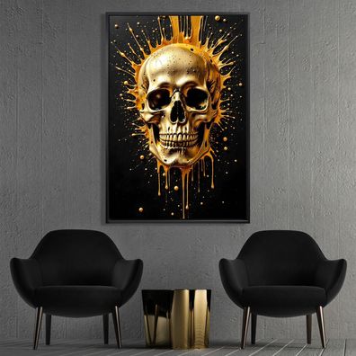 Abstrakte Kunst mit Schädel in Gold, Wandbild Acrylglas, Leinwand oder Poster Nr1
