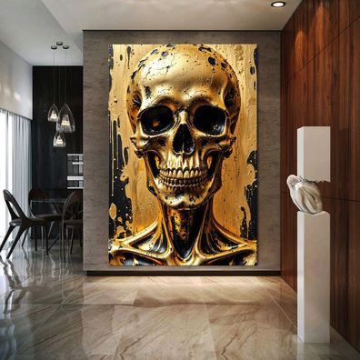 Abstrakte Kunst mit Schädel in Gold, Wandbild Acrylglas, Leinwand oder Poster Nr3