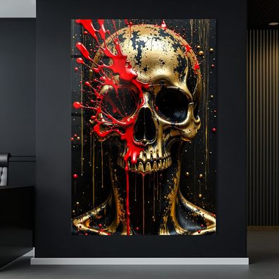Abstrakte Kunst mit Schädel in Gold, Wandbild Acrylglas, Leinwand oder Poster Nr7