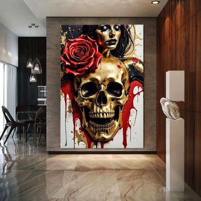Abstrakte Kunst mit Schädel in Gold, Wandbild Acrylglas, Leinwand oder Poster Nr8