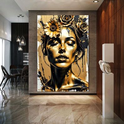 Abstrakte Kunst mit Frau in Gold, Wandbild Acrylglas, Leinwand oder Poster Nr6