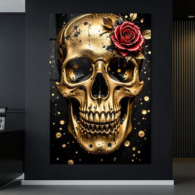 Abstrakte Kunst mit Schädel in Gold, Wandbild Acrylglas, Leinwand oder Poster Nr9