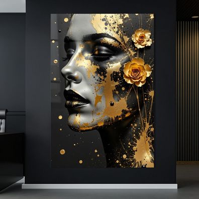 Abstrakte Kunst mit Frau in Gold, Wandbild Acrylglas, Leinwand oder Poster Nr7