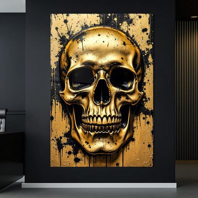 Abstrakte Kunst mit Schädel in Gold, Wandbild Acrylglas, Leinwand oder Poster Nr11