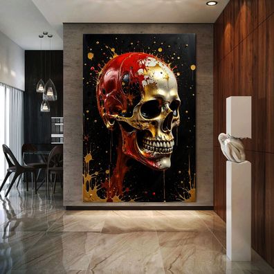 Abstrakte Kunst mit Schädel in Gold, Wandbild Acrylglas, Leinwand oder Poster Nr12