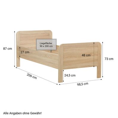 Komfortbett 90x200 Seniorenbett Weiß Eiche Natur Höhenverstellbar Holzbe