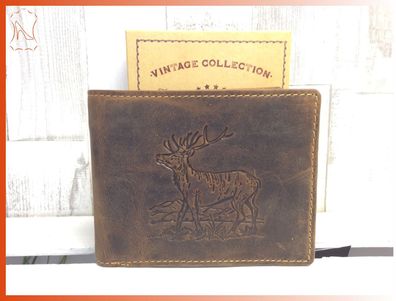 Jägerbörse Fettlederbörse Vintagebörse Hirsch-Motiv, querformat braun Jägerbörse