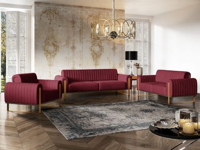 Sofaset Designersofas Valerie 3-2-1 in Stoff Elisa Velvet Bordeauxrot