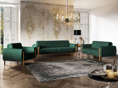 Sofaset Designersofas Valerie 3-2-1 in Stoff Elisa Velvet Flaschengrün