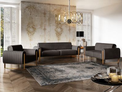 Sofaset Designersofas Valerie 3-2-1 in Stoff Elisa Velvet Schwarz