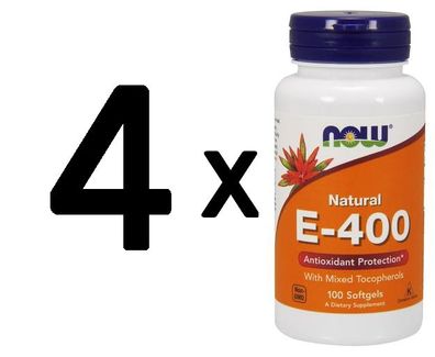4 x NOW Foods Vitamin E-400, Natural (Mixed Tocopherols) - 100 softgels