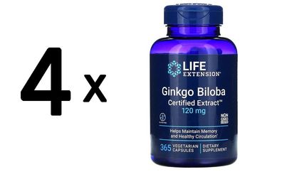 4 x Life Extension Ginkgo Biloba, Certified Extract, 120mg - 365 vcaps