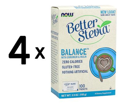 4 x NOW Foods Better Stevia, Balance with Inulin and Chromium - 100 packets