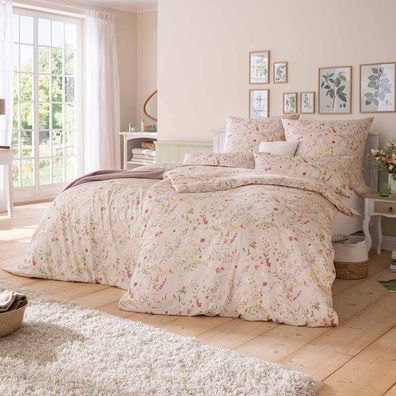 Estella Mako-Satin Bettwäsche 135x200 Dilara beige Blümchen rosa 7937-200