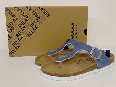 softrelax Damen Zehensteg Pantolette jeansblau mit Schnalle