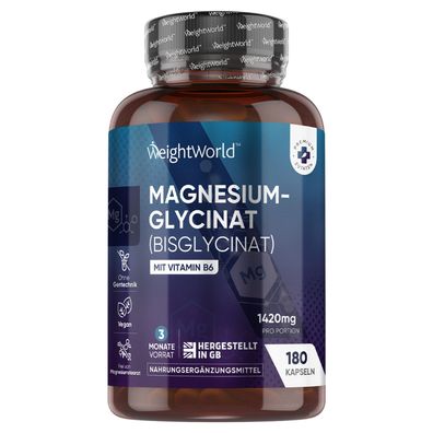 Magnesiumglycinat Kapseln - 180 vegane Kapseln - 3 Monate Vorrat
