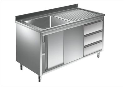 Gastronomie Hotel Küche Spülschrank mit Schubladenblock, 1 Becken links, Bautiefe