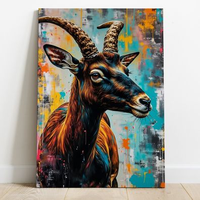 Ziege mit Hörnern, Tier Bunt Kunst Wandbild, Acrylglas, Poster oder Leinwand