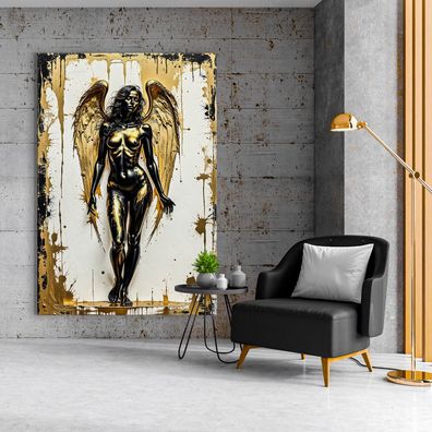 Frau mit Engelsflügeln, Erotische Gold Wandbild Kunst Leinwand, Acrylglas, Poster Nr3
