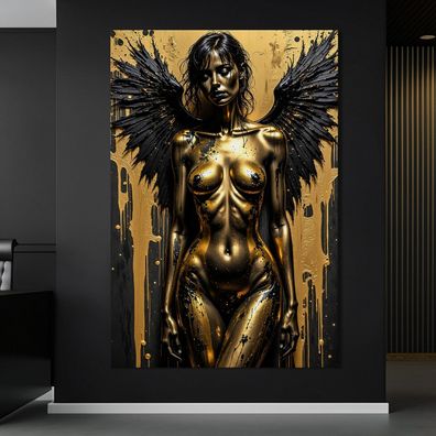 Frau mit Engelsflügeln, Erotische Gold Wandbild Kunst Leinwand, Acrylglas, Poster Nr4