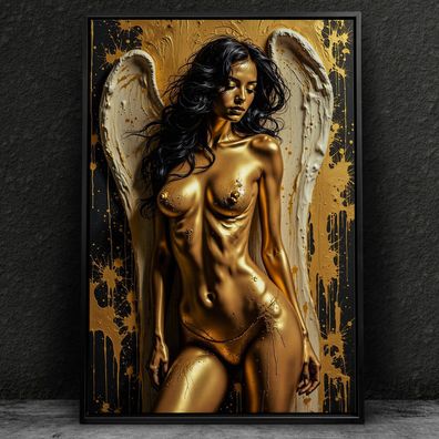 Frau mit Engelsflügeln, Erotische Gold Wandbild Kunst Leinwand, Acrylglas, Poster Nr6