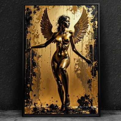 Frau mit Engelsflügeln, Erotische Gold Wandbild Kunst Leinwand, Acrylglas, Poster Nr7