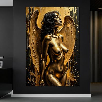 Frau mit Engelsflügeln, Erotische Gold Wandbild Kunst Leinwand, Acrylglas, Poster rr1
