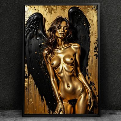 Frau mit Engelsflügeln, Erotische Gold Wandbild Kunst Leinwand, Acrylglas, Poster rr3