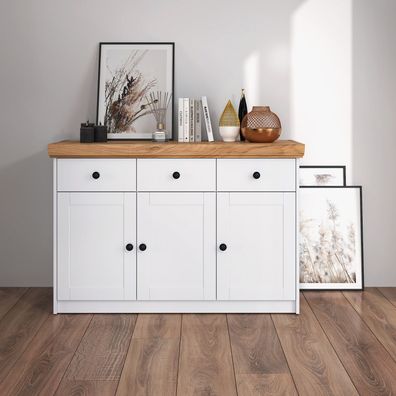 Kommode Sideboard Holz Eiche Weiß Massiv Schrank mit Schubladen Highboard Anrichte