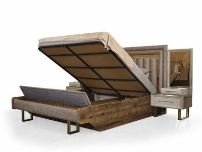 Komplette Schlafzimmermöbel Doppelbett Bett Nachttische Beige 3Tlg