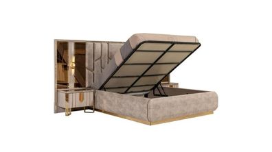 Garnitur Schlafzimmer Doppelbett Bett Nachttische 4Tlg Beige Schrank