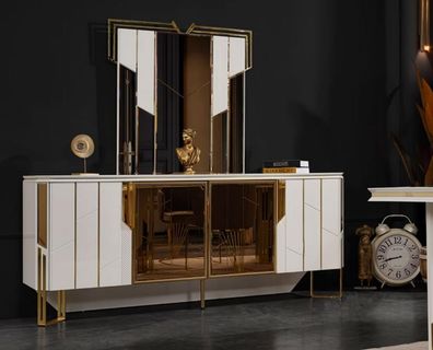 Luxus Sideboard Mit Spiegel Anrichte Kommode Schrank Holz Weiß Design