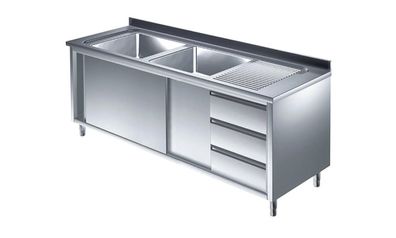 Gastronomie Hotel Küche Spülschrank mit Schubladenblock, 2 Becken links, Bautiefe