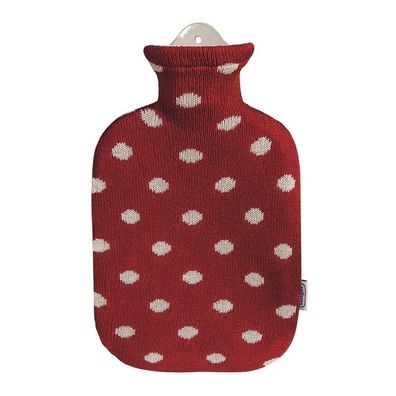 Wärmflasche mit Strickbezug 2 L Punkte feuerrot