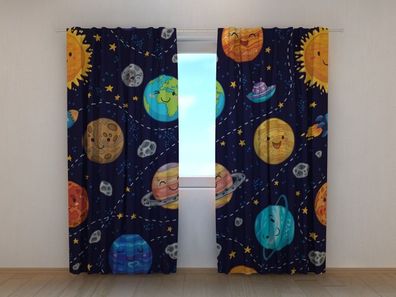 Fotogardine bunte Planeten, Vorhang mit Motiv, Digitaldruck, Maßanfertigung