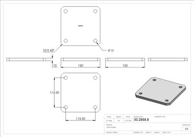 Ankerplatte 150x150x10 mm 4 Bohrungen | Stahl roh