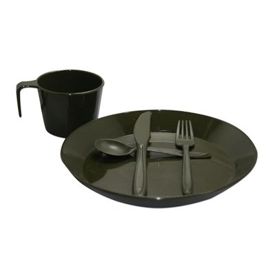 NEU Tasse Besteck Teller Camp Set Polycarbonat oliv für Camping Outdoor Survival