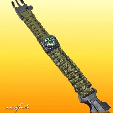 Paracord-Armband 5 in 1 Armee-Grün inkl. Kompass, Pfeife, Feuerstein Art.-Nr. 13050