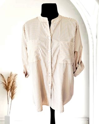 Italy 38 40 42 Baumwollbluse Hemdbluse Bluse durchgeknöpft Taschen Beige/Weiß