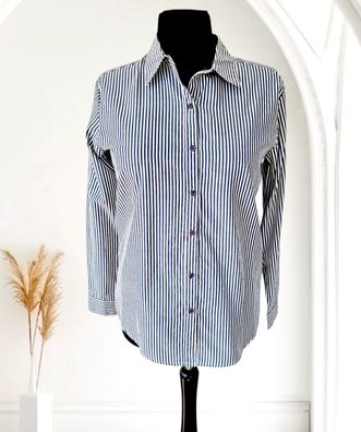 Italy Baumwollbluse Hemdbluse Bluse durchgeknöpft gestreift Blaugrau/Weiß Gr. S