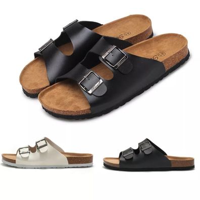 Herren Damen Pantoletten PU Sandalen Korksohle Fußbett Hausschuhe Slipper DE